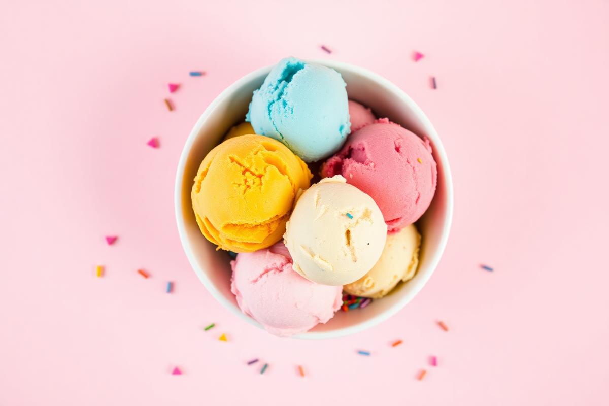 A bowl of colorful ice cream scoops with sprinkles on a pink background