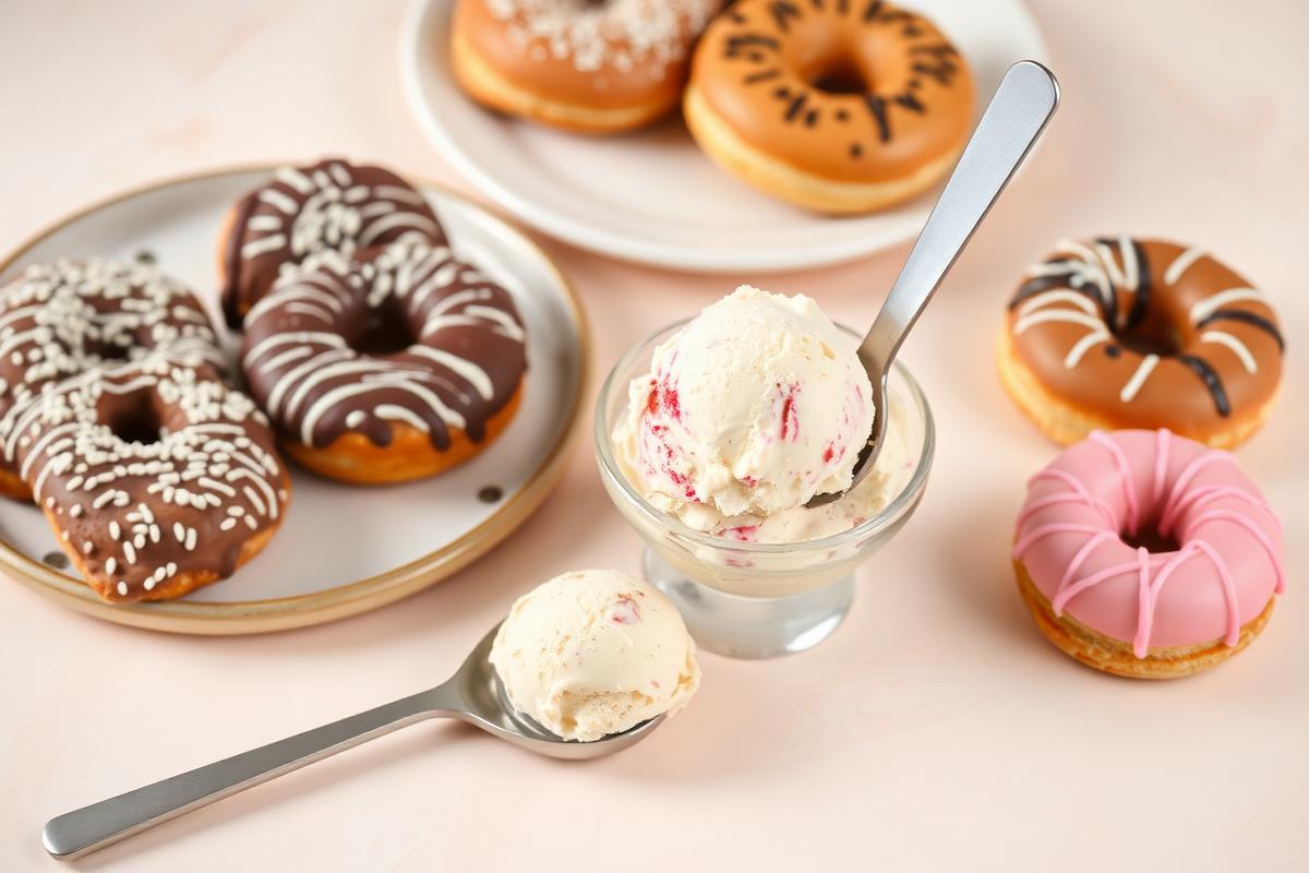 A scoop of ice cream surrounded by fresh baked donuts and pastries