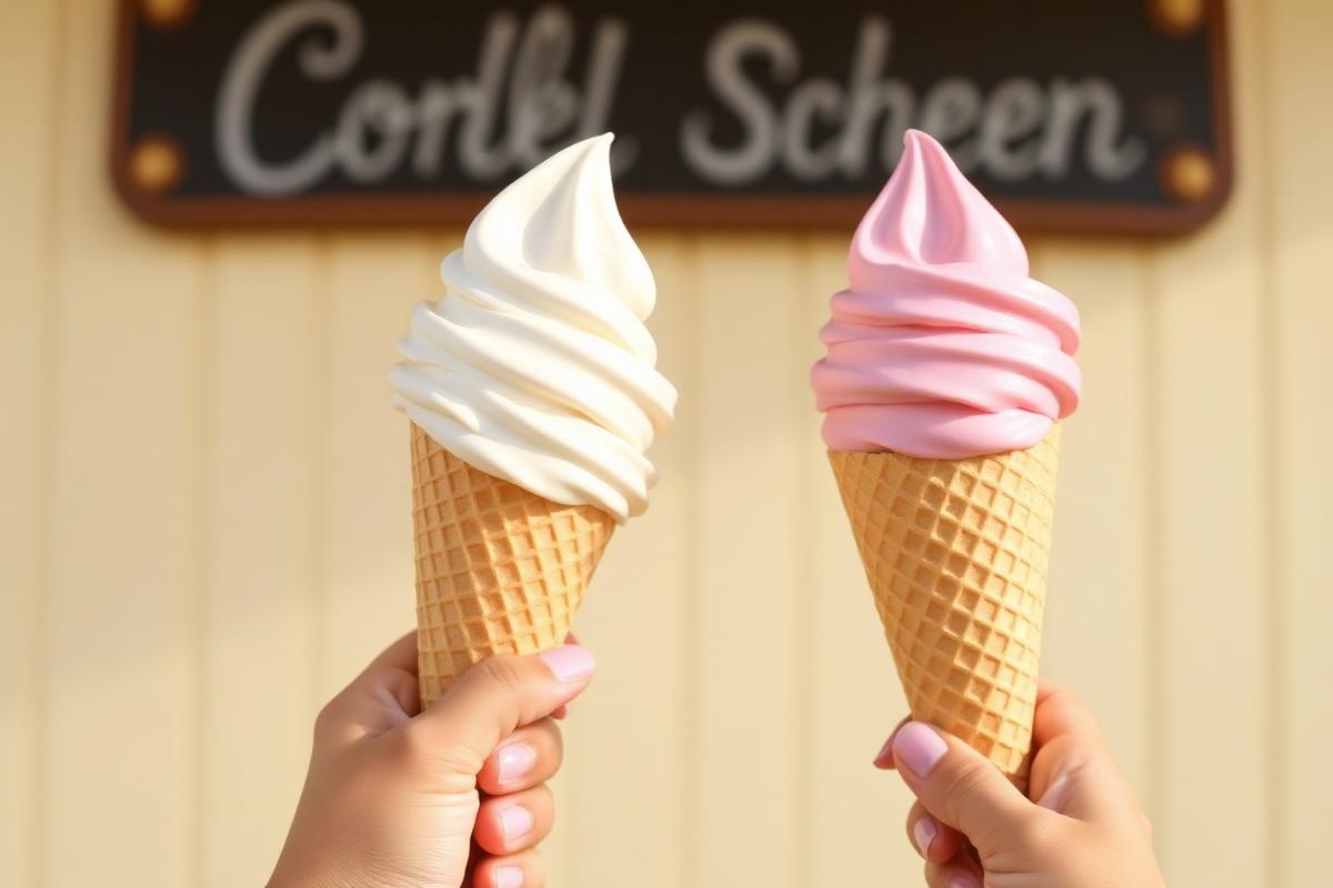 Two hand-dipped ice cream cones held up in the sunshine