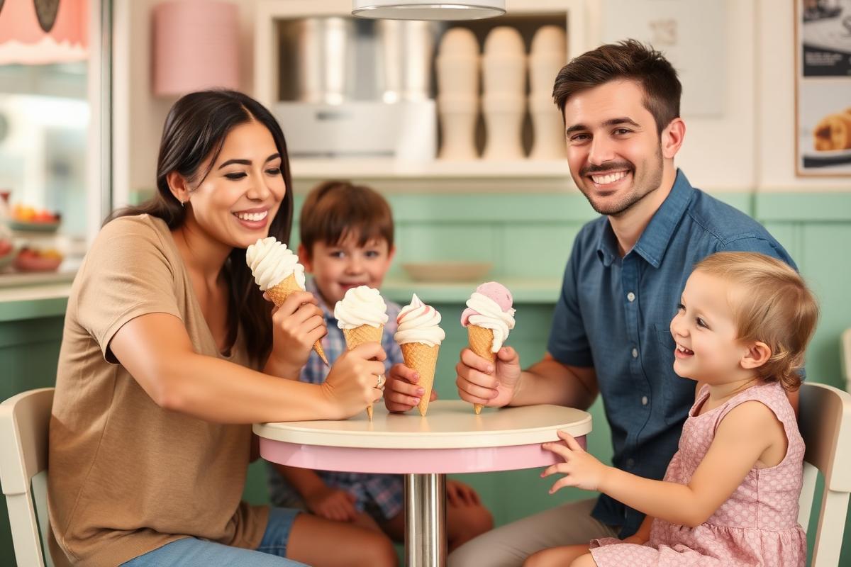 A family sitting together at a small ice cream shop table with cones