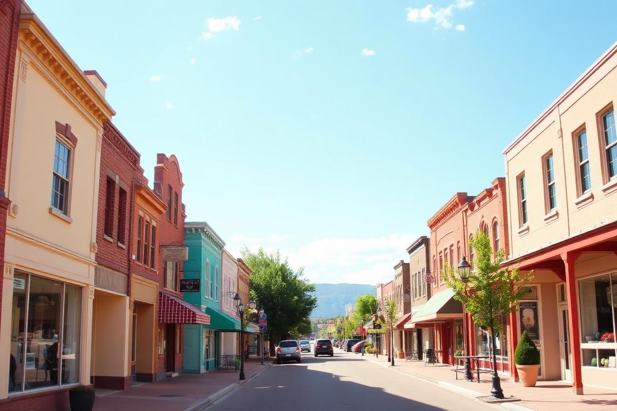 Sunny small-town main street on a summer afternoon